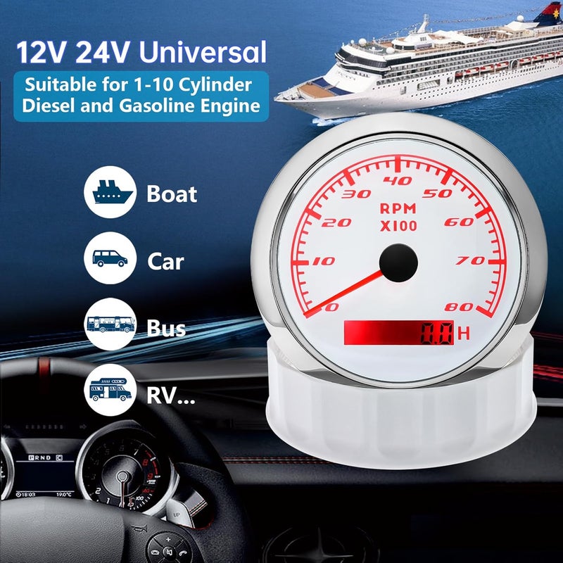 MAIMEIMI Tachometer Gauge 7 Color 0-8000 RPM Tacho Meter 85mm 3 3/8" for Auto Boat Marine Vehicle（White） - Image 2