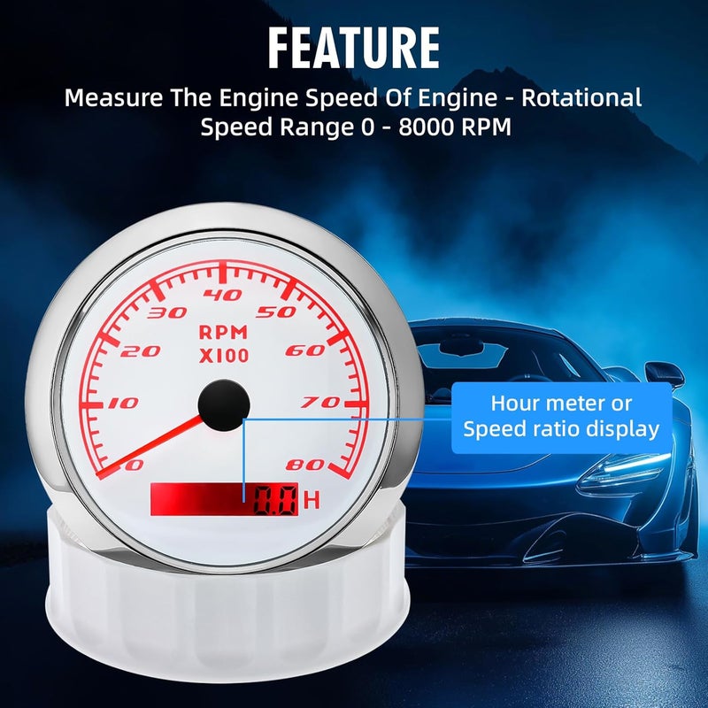 MAIMEIMI Tachometer Gauge 7 Color 0-8000 RPM Tacho Meter 85mm 3 3/8" for Auto Boat Marine Vehicle（White） - Image 3