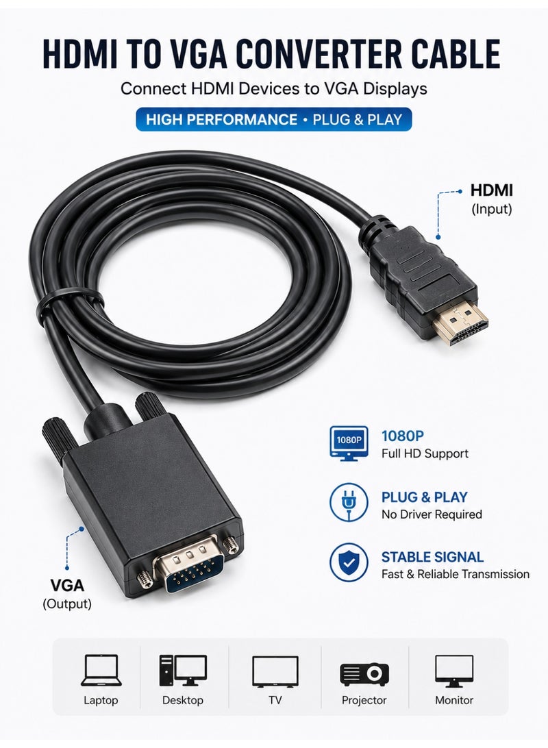 ​كابل كونف كابل HDMI إلى VGA بطول 1.8 متر - كابل محول HDMI إلى VGA عالي الأداء بدقة 1080 بكسل لتحويل سلس للفيديو الرقمي إلى التناظري - موصل ذكر-ذكر مثالي لأجهزة الكمبيوتر المحمولة وأجهزة الكمبيوتر الشخصية وأجهزة العرض والشاشات - تصميم متين مع موصلات مطلية بالذهب لاستقرار إشارة فائق - Image 1