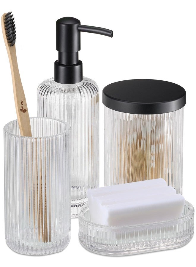 Navaris Glass Bathroom Accessories Set (4 Pieces) - Includes Soap Dispenser, Toothbrush Tumbler, Soap Dish, Cotton Pad Holder - Clear Glass with Black Metal - Image 1