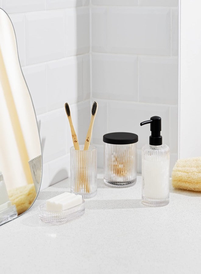 Navaris Glass Bathroom Accessories Set (4 Pieces) - Includes Soap Dispenser, Toothbrush Tumbler, Soap Dish, Cotton Pad Holder - Clear Glass with Black Metal - Image 2