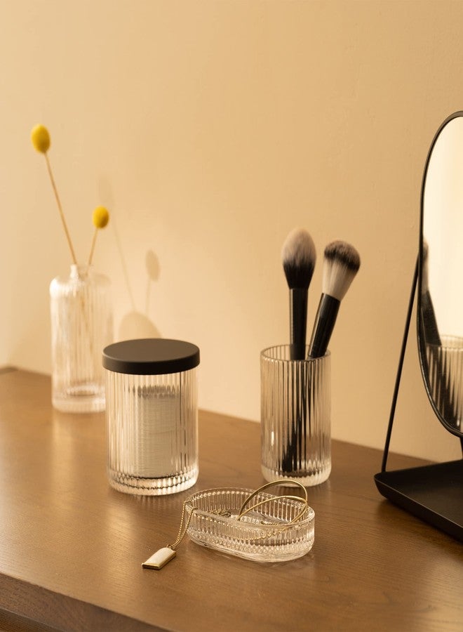 Navaris Glass Bathroom Accessories Set (4 Pieces) - Includes Soap Dispenser, Toothbrush Tumbler, Soap Dish, Cotton Pad Holder - Clear Glass with Black Metal - Image 4