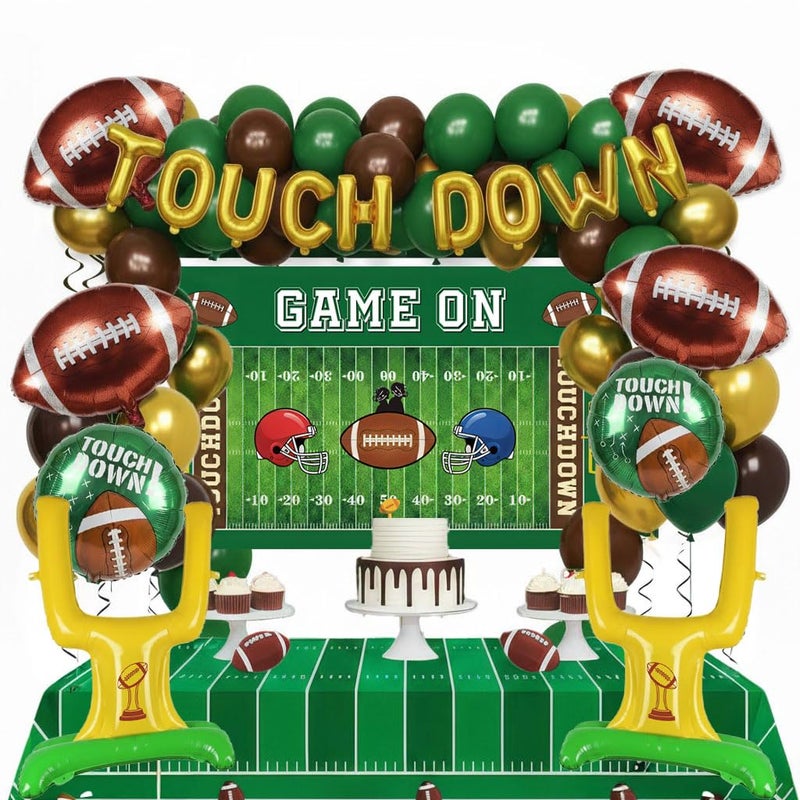 froufing Football Party Decorations Kit - with Green Brown Gold small Balloon Arch & Football Goalpost TOUCH DOWN Banner Foil Balloons & GAME ON Backdrop for Sports Theme Birthday party Decorations - Image 1