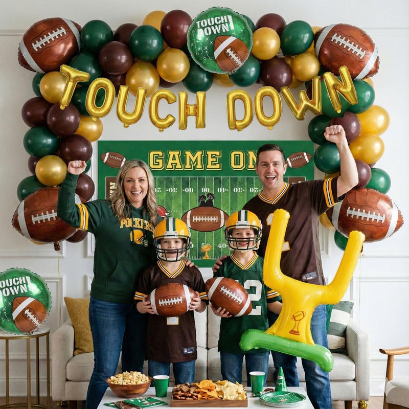 froufing Football Party Decorations Kit - with Green Brown Gold small Balloon Arch & Football Goalpost TOUCH DOWN Banner Foil Balloons & GAME ON Backdrop for Sports Theme Birthday party Decorations - Image 4