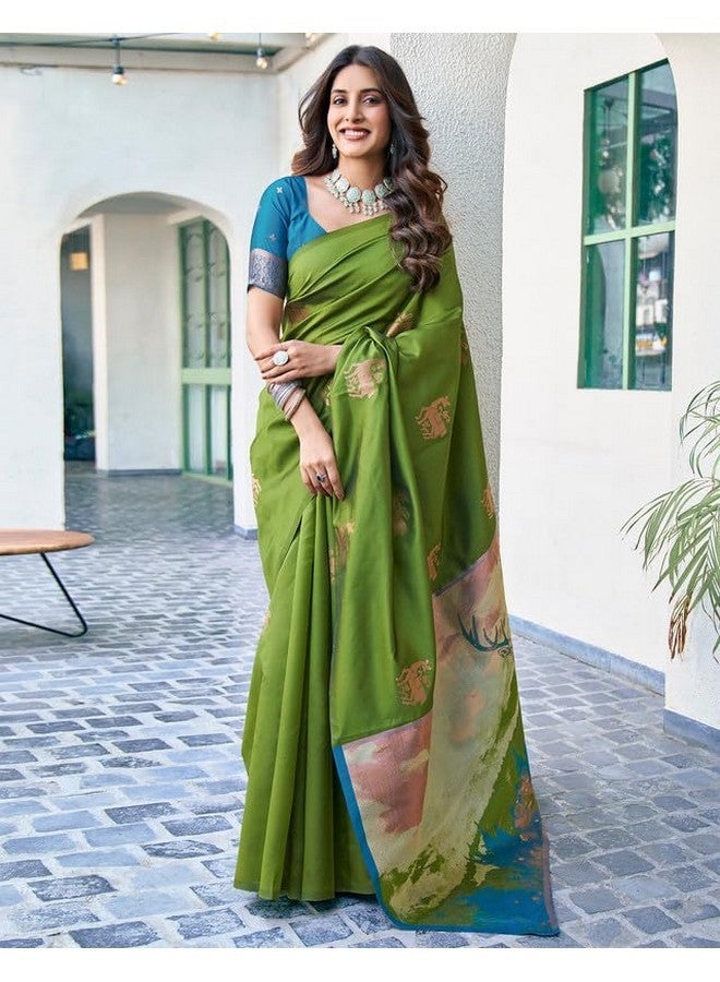 SIRIL Women's Kanjivaram Soft Silk Saree Pure Silk With Unstiched Blouse Piece (3697S117_Green) - Image 2