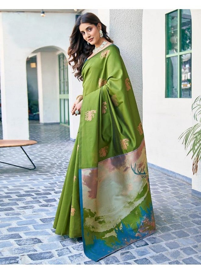 SIRIL Women's Kanjivaram Soft Silk Saree Pure Silk With Unstiched Blouse Piece (3697S117_Green) - Image 3