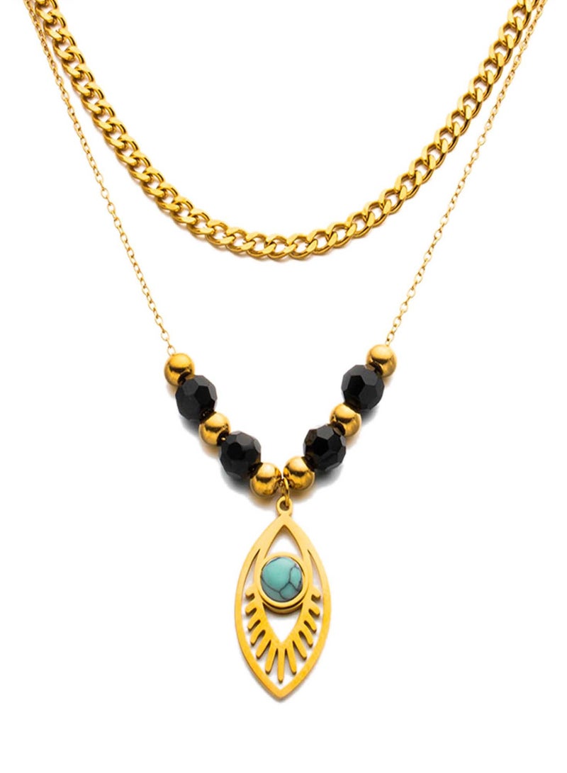 كاف كريشنس قلادة مزدوجة الطبقات، ستانلس ستيل مطلي بالذهب عيار 18 قيراط، 39+5 سم، قلادة عين الشر الفيروزية مطلية باللونين الأسود والذهبي - Image 1
