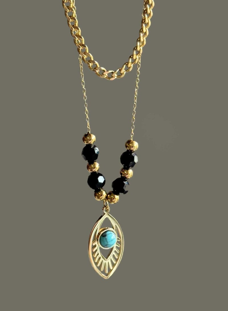 كاف كريشنس قلادة مزدوجة الطبقات، ستانلس ستيل مطلي بالذهب عيار 18 قيراط، 39+5 سم، قلادة عين الشر الفيروزية مطلية باللونين الأسود والذهبي - Image 2