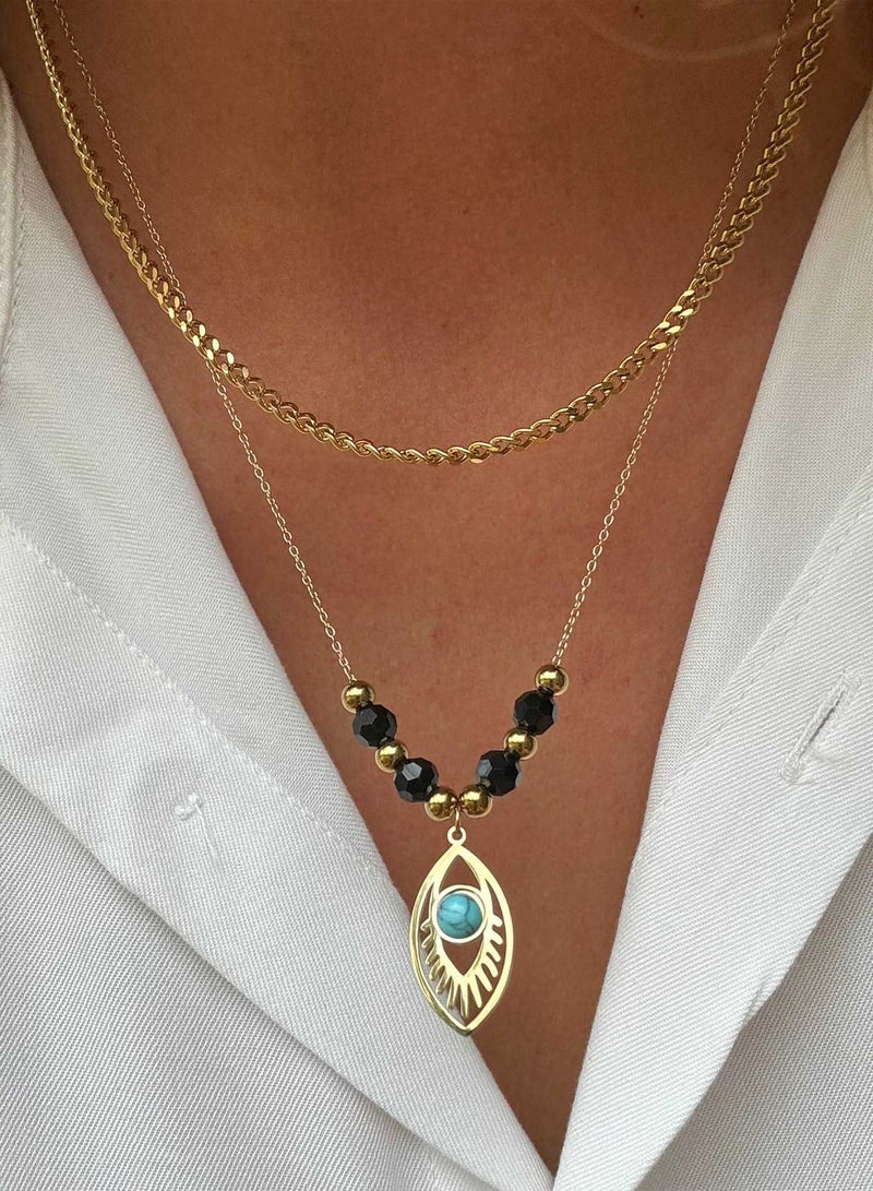 كاف كريشنس قلادة مزدوجة الطبقات، ستانلس ستيل مطلي بالذهب عيار 18 قيراط، 39+5 سم، قلادة عين الشر الفيروزية مطلية باللونين الأسود والذهبي - Image 3
