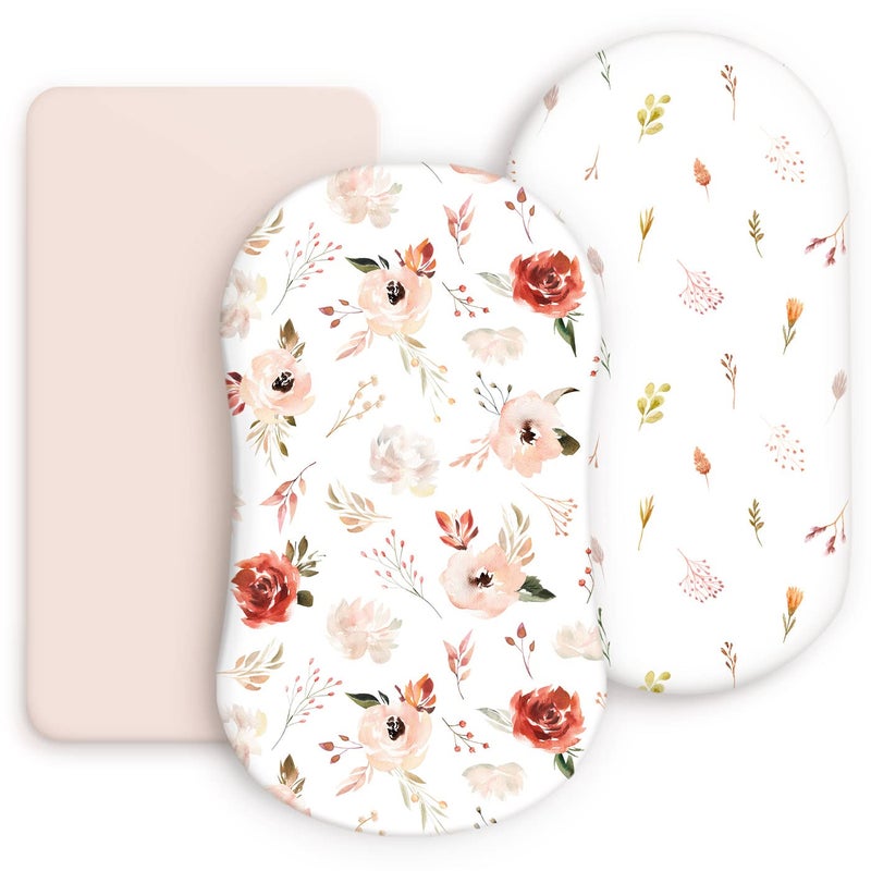 Stretchy Ultra Soft Bassinet Fitted Sheets 3 Pack Universal Fitted for Bassinets Oval Rectangle Mattress Pretty Bassinet Sheets for Baby Girls Watercolor Rose Flora Orange Pink