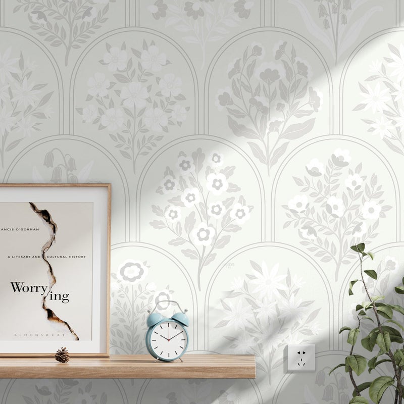 Guvana Boho Peel and Stick Wallpaper Modern Removable Self Adhesive Wall Paper for Bathroom Farmhouse Floral Wallpaper for Bedroom Grey and White Geometric Contact Paper Vinyl Rolls 78.7''x17.3'' - Image 1