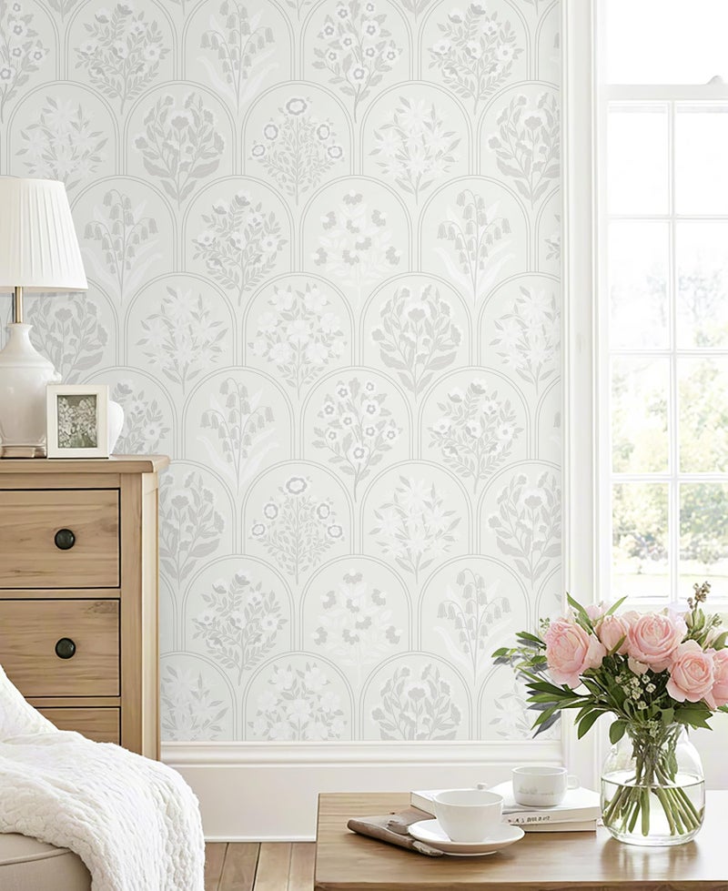 Guvana Boho Peel and Stick Wallpaper Modern Removable Self Adhesive Wall Paper for Bathroom Farmhouse Floral Wallpaper for Bedroom Grey and White Geometric Contact Paper Vinyl Rolls 78.7''x17.3'' - Image 2
