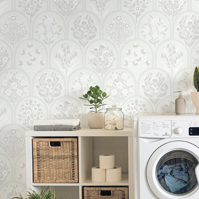 Guvana Boho Peel and Stick Wallpaper Modern Removable Self Adhesive Wall Paper for Bathroom Farmhouse Floral Wallpaper for Bedroom Grey and White Geometric Contact Paper Vinyl Rolls 78.7''x17.3'' - Image 3