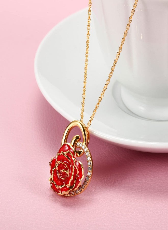 AliveRose Rose Pendant Necklaces Gifts for Women, 24K Gold Dipped Real Rose Dangle Necklace Jewelry - Ideal Gift for Her Wife Mom Anniversaries, Valentines, Birthday (Heart Red), Gold Plated, No - Image 2