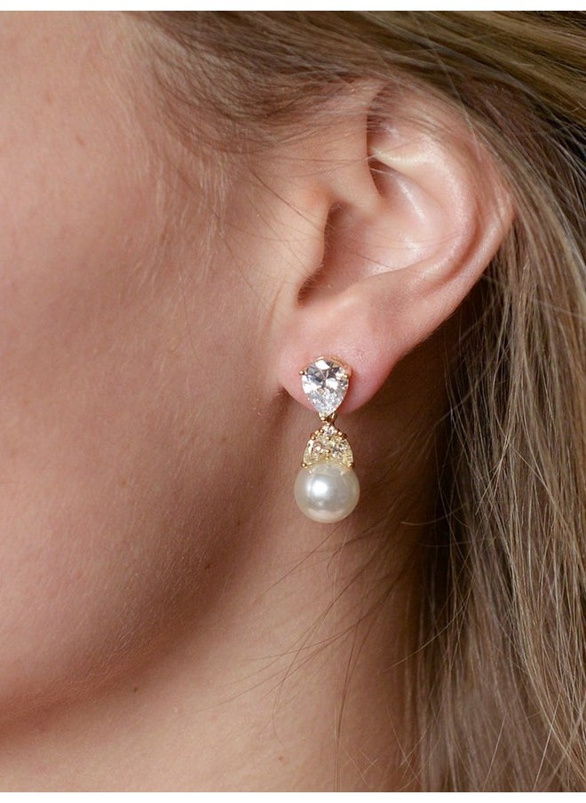 Mariell Cubic Zirconia Pearl Drop Wedding Earrings For Brides, Ivory Bridal Pearl Earrings For Bridesmaid, Gold Pearl Earrings, Jewelry Gift  - Image 3
