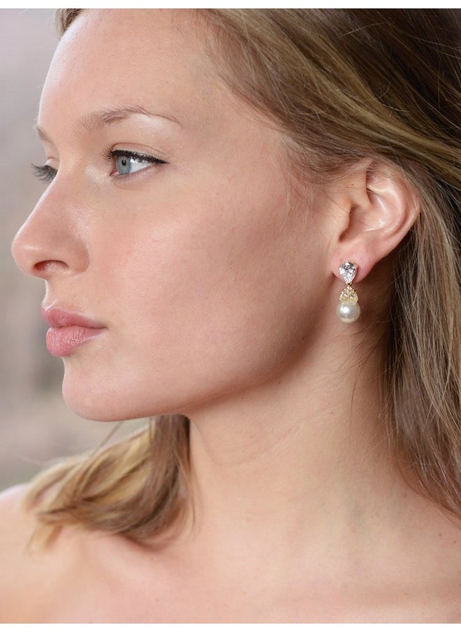Mariell Cubic Zirconia Pearl Drop Wedding Earrings For Brides, Ivory Bridal Pearl Earrings For Bridesmaid, Gold Pearl Earrings, Jewelry Gift  - Image 4