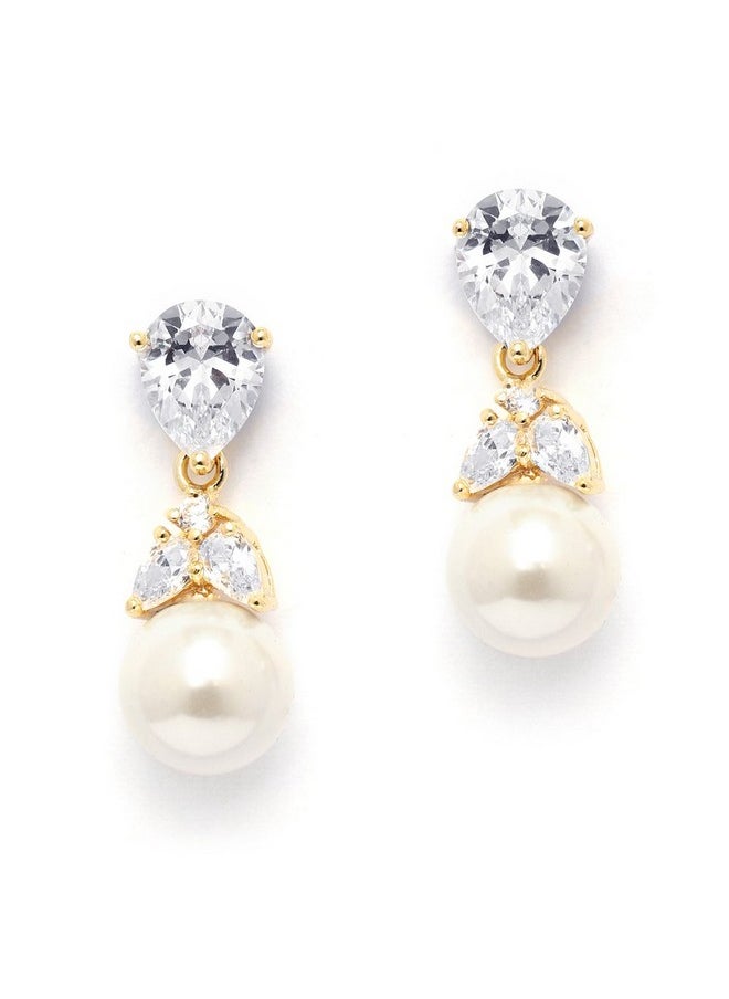 Mariell Cubic Zirconia Pearl Drop Wedding Earrings For Brides, Ivory Bridal Pearl Earrings For Bridesmaid, Gold Pearl Earrings, Jewelry Gift  - Image 1