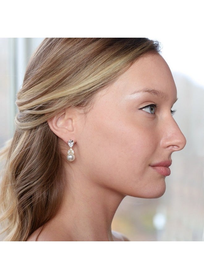 Mariell Cubic Zirconia Pearl Drop Wedding Earrings For Brides, Ivory Bridal Pearl Earrings For Bridesmaid, Gold Pearl Earrings, Jewelry Gift  - Image 5