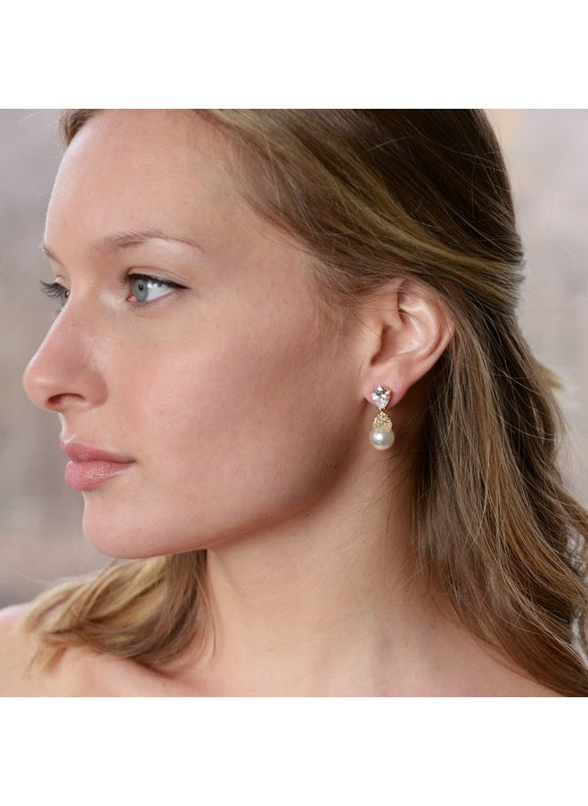 Mariell Cubic Zirconia Pearl Drop Wedding Earrings For Brides, Ivory Bridal Pearl Earrings For Bridesmaid, Gold Pearl Earrings, Jewelry Gift  - Image 2