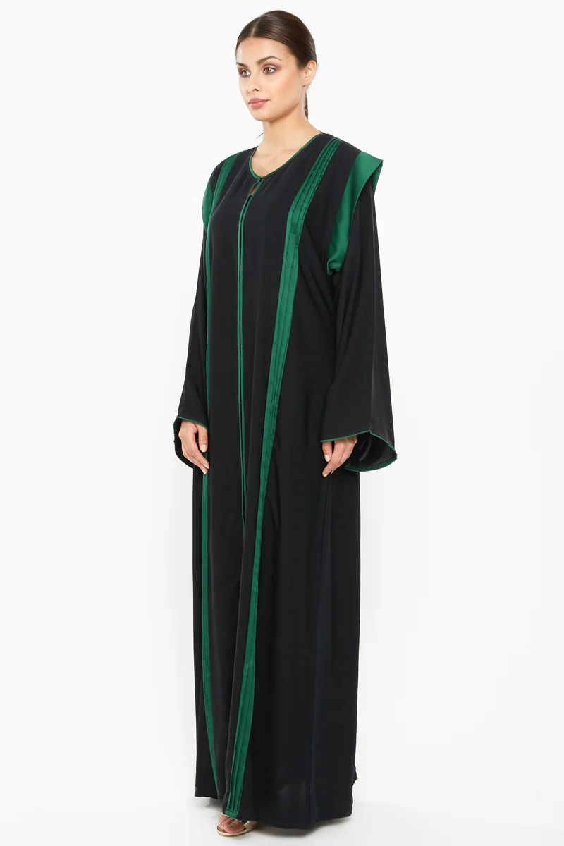 النخبة A classic duo-colored abaya with green stripe detailing-AJ662A