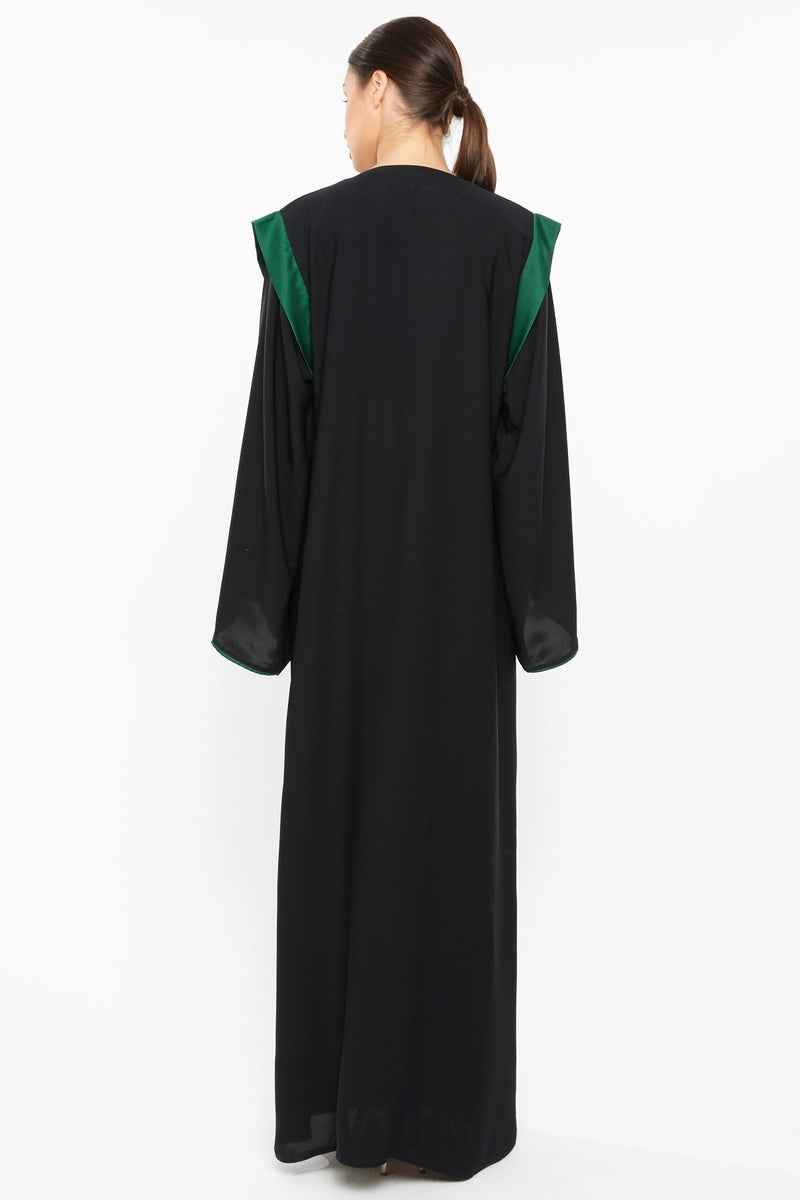 NUKHBAA A classic duo-colored abaya with green stripe detailing-AJ662A - Image 3