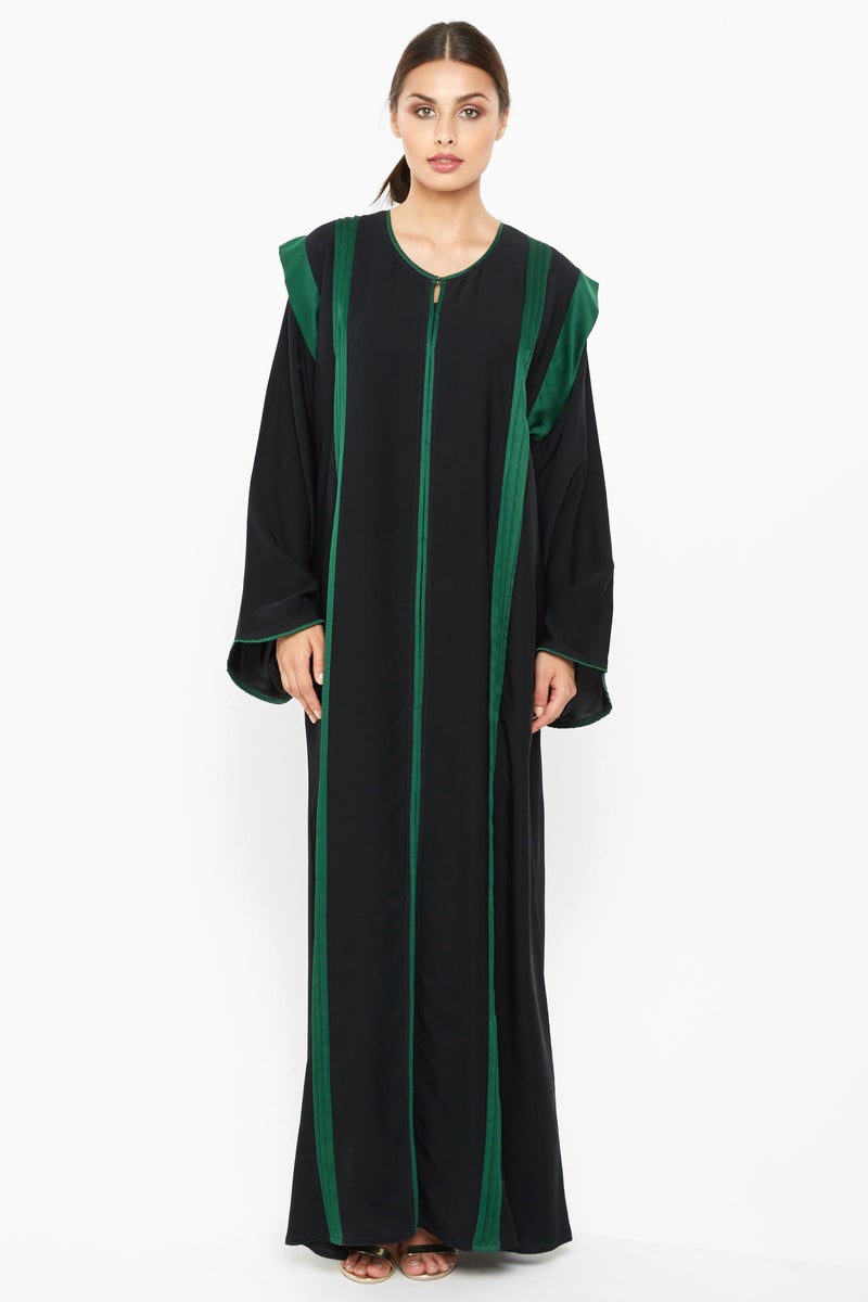 NUKHBAA A classic duo-colored abaya with green stripe detailing-AJ662A - Image 1