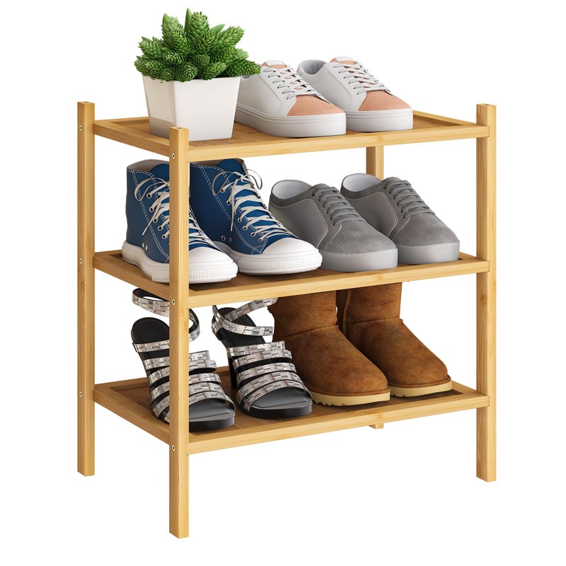 BMOSU 3Tier Bamboo Small Shoe Rack Premium Stackable Shoe Shelf Storage Organizer for Hallway Closet Living Room Entryway OrganizerNatural