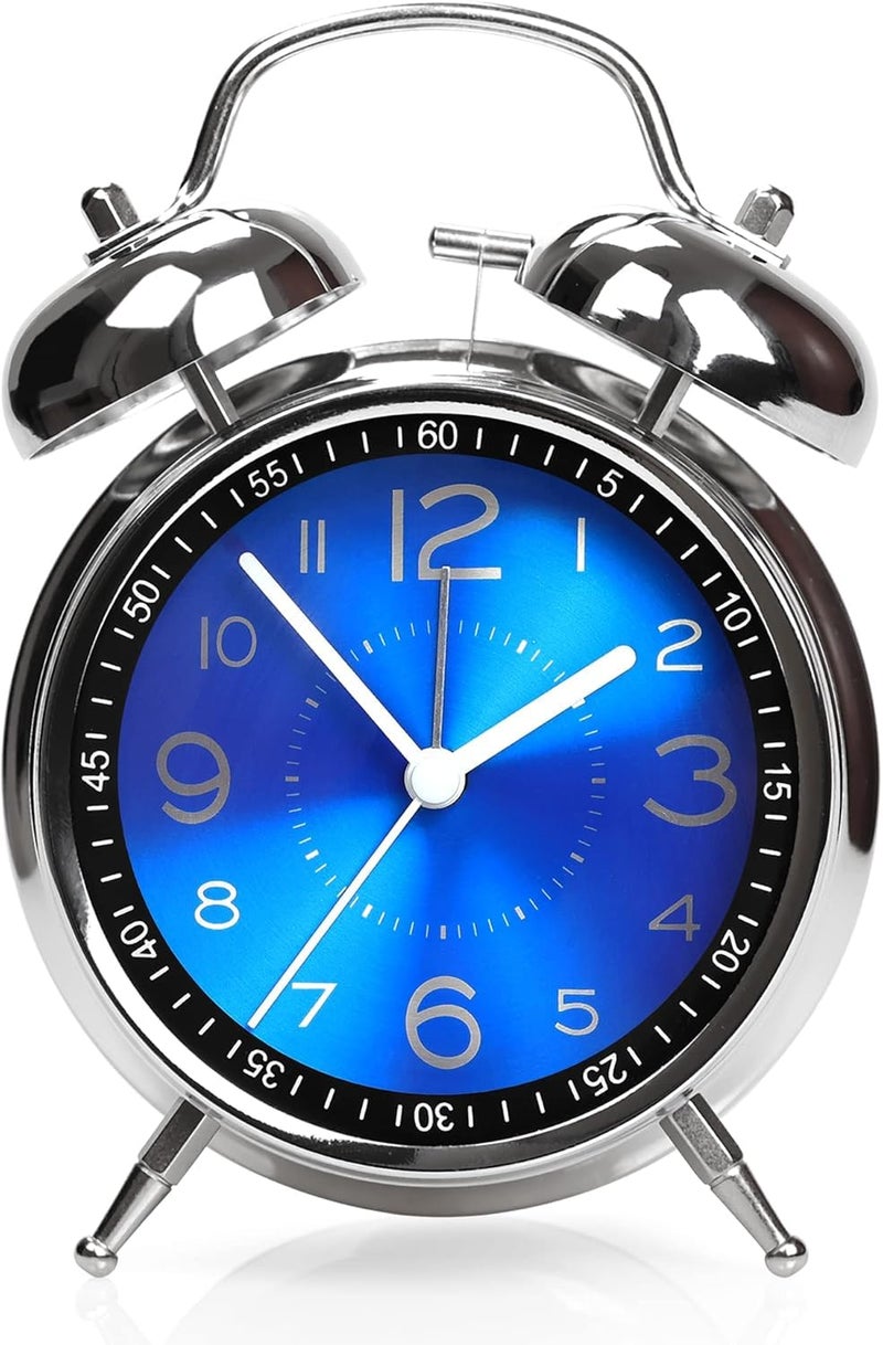 HOME SKILL Analog Alarm Clock for Heavy Sleepers Loud Clock for Adults, Metal 4 Inches Twin Bell Table Clock with Backlight Alarm Clocks for Students Decoration Bedroom/Office (Blue Silver) - Image 1