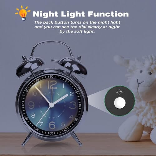 HOME SKILL Analog Alarm Clock for Heavy Sleepers Loud Clock for Adults, Metal 4 Inches Twin Bell Table Clock with Backlight Alarm Clocks for Students Decoration Bedroom/Office (Blue Silver) - Image 4