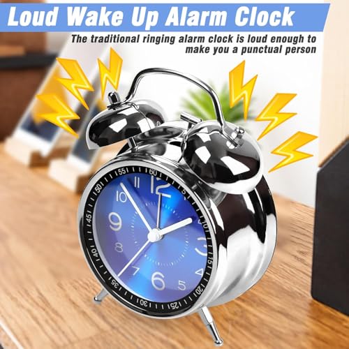HOME SKILL Analog Alarm Clock for Heavy Sleepers Loud Clock for Adults, Metal 4 Inches Twin Bell Table Clock with Backlight Alarm Clocks for Students Decoration Bedroom/Office (Blue Silver) - Image 3