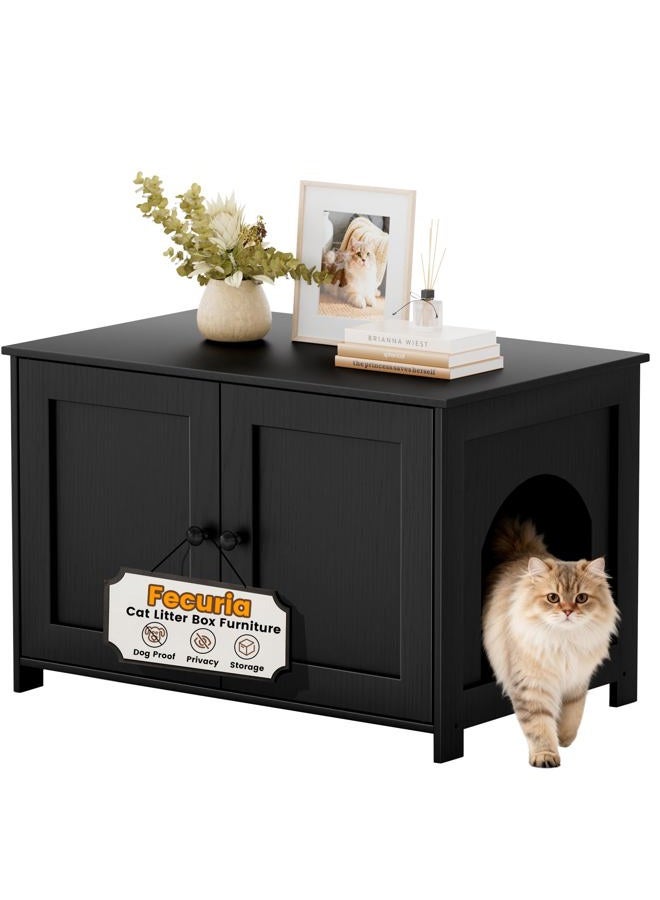 Fecuria Cat Litter Box Enclosure Furniture Dog Proof, Hidden Kitty Washroom Cabinet Low Entry, Wooden Cat Boxes Enclosure Odor Control for Home, Farmhouse Style Decorative Bench with Storage, Black - Image 1