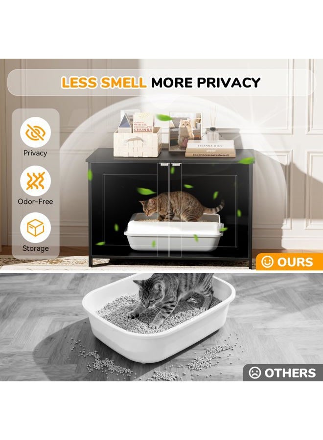 Fecuria Cat Litter Box Enclosure Furniture Dog Proof, Hidden Kitty Washroom Cabinet Low Entry, Wooden Cat Boxes Enclosure Odor Control for Home, Farmhouse Style Decorative Bench with Storage, Black - Image 3