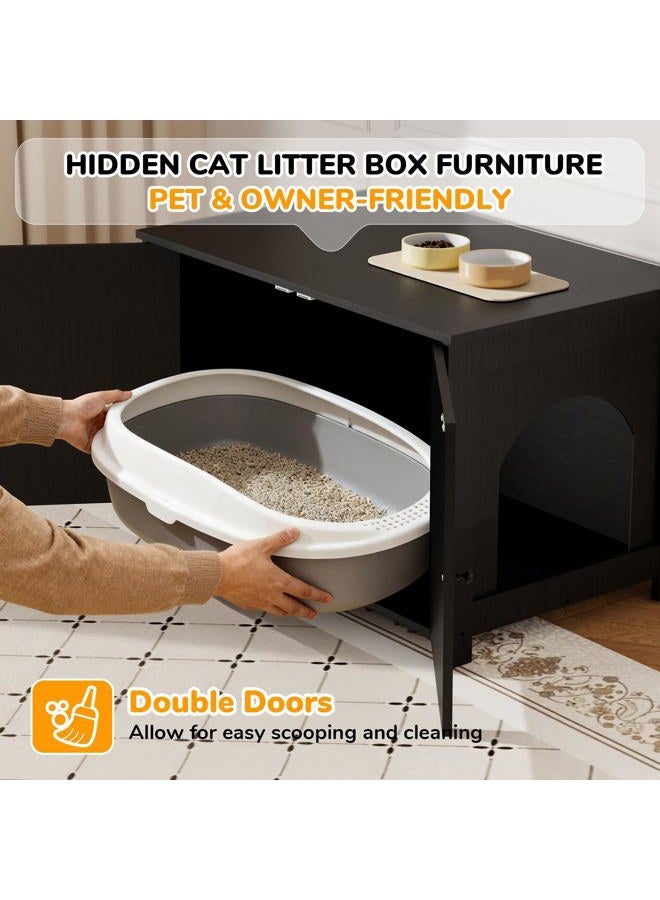 Fecuria Cat Litter Box Enclosure Furniture Dog Proof, Hidden Kitty Washroom Cabinet Low Entry, Wooden Cat Boxes Enclosure Odor Control for Home, Farmhouse Style Decorative Bench with Storage, Black - Image 4