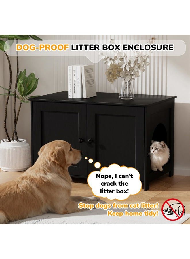 Fecuria Cat Litter Box Enclosure Furniture Dog Proof, Hidden Kitty Washroom Cabinet Low Entry, Wooden Cat Boxes Enclosure Odor Control for Home, Farmhouse Style Decorative Bench with Storage, Black - Image 2
