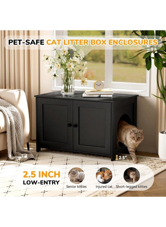 Fecuria Cat Litter Box Enclosure Furniture Dog Proof, Hidden Kitty Washroom Cabinet Low Entry, Wooden Cat Boxes Enclosure Odor Control for Home, Farmhouse Style Decorative Bench with Storage, Black - Image 5