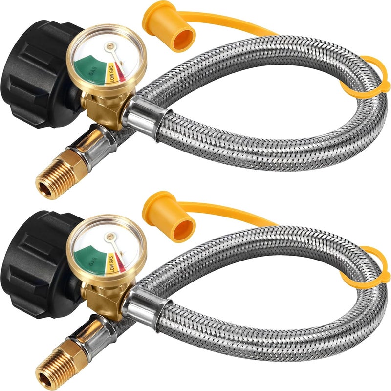 LONGADS RV Propane Hoses with Gauge (Packs of 2), 20 Inch Stainless Steel Braided Camper Tank Hose,Rv lp Gas Hoses Connector for Standard Two-Stage Regulator, 40Lb 250PSI, 1/4 NPT /QCC1 Fittings - Image 1