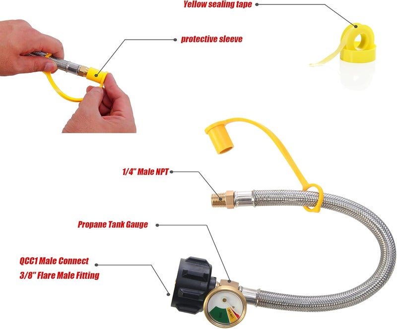 LONGADS RV Propane Hoses with Gauge (Packs of 2), 20 Inch Stainless Steel Braided Camper Tank Hose,Rv lp Gas Hoses Connector for Standard Two-Stage Regulator, 40Lb 250PSI, 1/4 NPT /QCC1 Fittings - Image 3