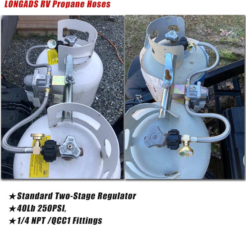LONGADS RV Propane Hoses with Gauge (Packs of 2), 20 Inch Stainless Steel Braided Camper Tank Hose,Rv lp Gas Hoses Connector for Standard Two-Stage Regulator, 40Lb 250PSI, 1/4 NPT /QCC1 Fittings - Image 4