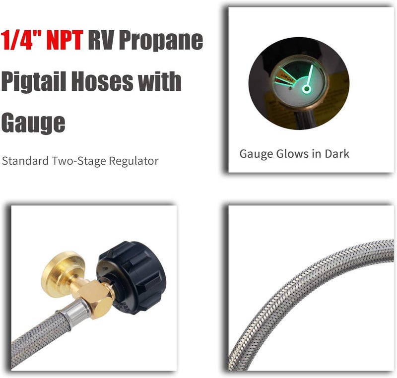 LONGADS RV Propane Hoses with Gauge (Packs of 2), 20 Inch Stainless Steel Braided Camper Tank Hose,Rv lp Gas Hoses Connector for Standard Two-Stage Regulator, 40Lb 250PSI, 1/4 NPT /QCC1 Fittings - Image 5