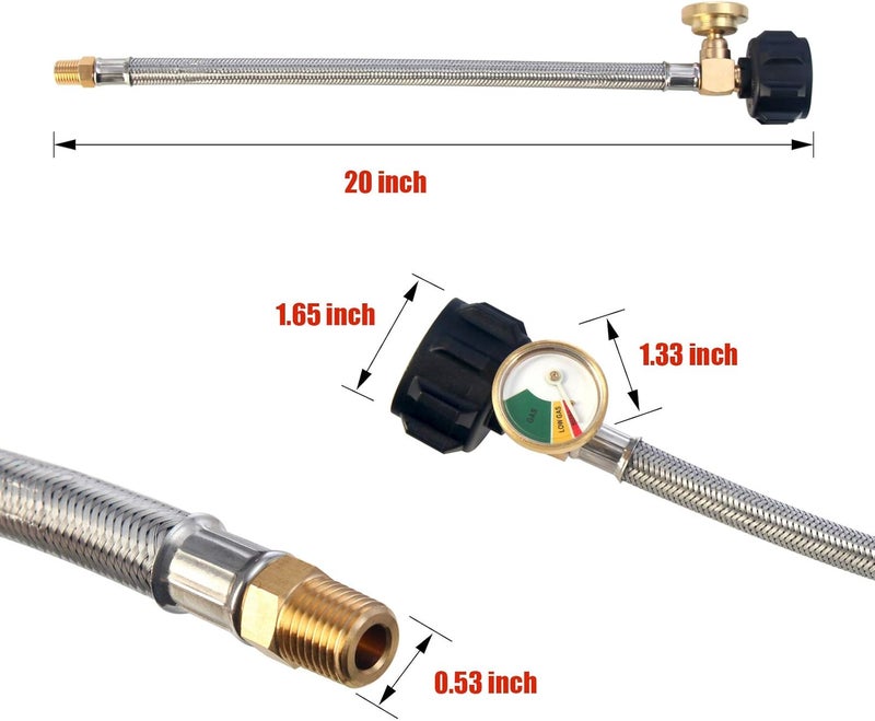 LONGADS RV Propane Hoses with Gauge (Packs of 2), 20 Inch Stainless Steel Braided Camper Tank Hose,Rv lp Gas Hoses Connector for Standard Two-Stage Regulator, 40Lb 250PSI, 1/4 NPT /QCC1 Fittings - Image 2