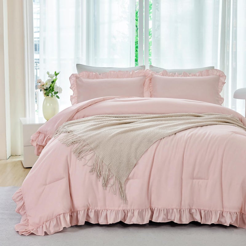 ANGIYUIN Blush Pink Comforter Sets Twin Size 5 Pieces Ruffle Bed in A Bag Farmhouse Bedding Sets Solid Color Soft Fluffy Bed Sets for Kids Girlsï¼ˆBlush Pink Twinï¼‰ - Image 2