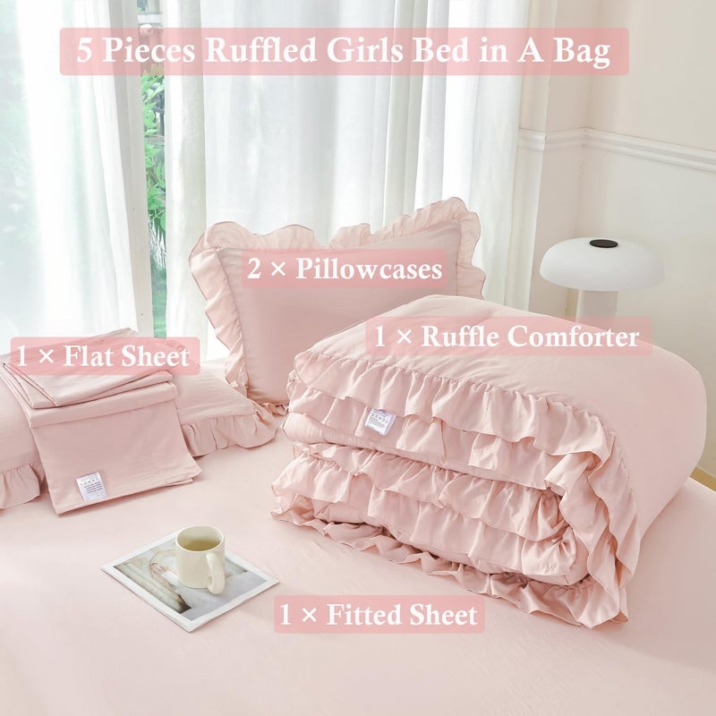 ANGIYUIN Blush Pink Comforter Sets Twin Size 5 Pieces Ruffle Bed in A Bag Farmhouse Bedding Sets Solid Color Soft Fluffy Bed Sets for Kids Girlsï¼ˆBlush Pink Twinï¼‰ - Image 4