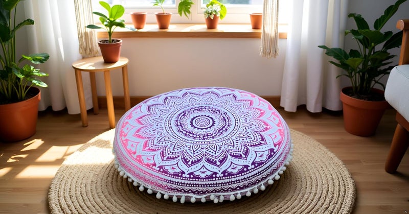 CRAFT KALA غطاء وسادة أرضية قطنية مستديرة ماندالا بوهو للتأمل من CRAFT KALA، غطاء وسادة جلوس للغرف في الهند، لغرفة المعيشة، غرفة اليوجا، ديكور المنزل، غرفة النوم، الشرفة، الحديقة (32 بوصة، أومبري وردي) - Image 3