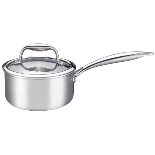 KC-Emier KCEmier 1Quart Saucepan with Lid TriPly Stainless Steel Pot with StayCool Handle All Cooktop Compatibility Gas Ceramic Electric Silver - Image 1