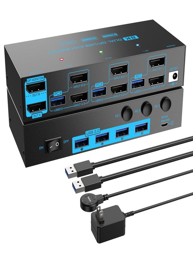 DXchip 8K/4K Displayport 1.4 KVM Switch 2 Monitors 3 Computers Dual Monitor 8K@30Hz/4K@144Hz 3 Port Dual DP1.4 USB 3.0 KVM Switches 3 PCs Share 2 Monitors & 4 USB 3.0 Devices with Desktop Controller - Image 1