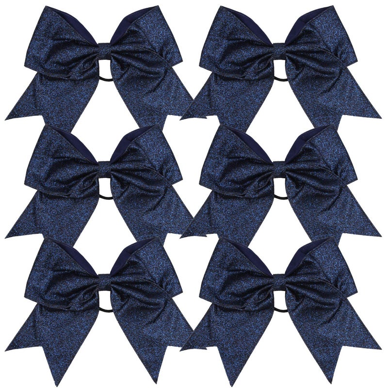 Cheerleader Bows Cheerleading 8 inch Sparkle Glitter Ponytail Holder Hair Tie School for High School College Girl Team Sports 6 Pcs  Navy Blue