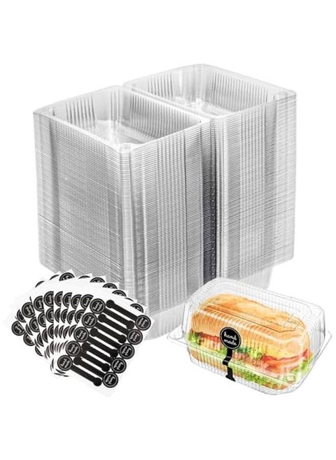 100 Clear Plastic Hinged Food Containers with Seal Stickers - Disposable Takeout Boxes for Salads, Sandwiches, Hamburgers, Fruits, Cakes, Cookies