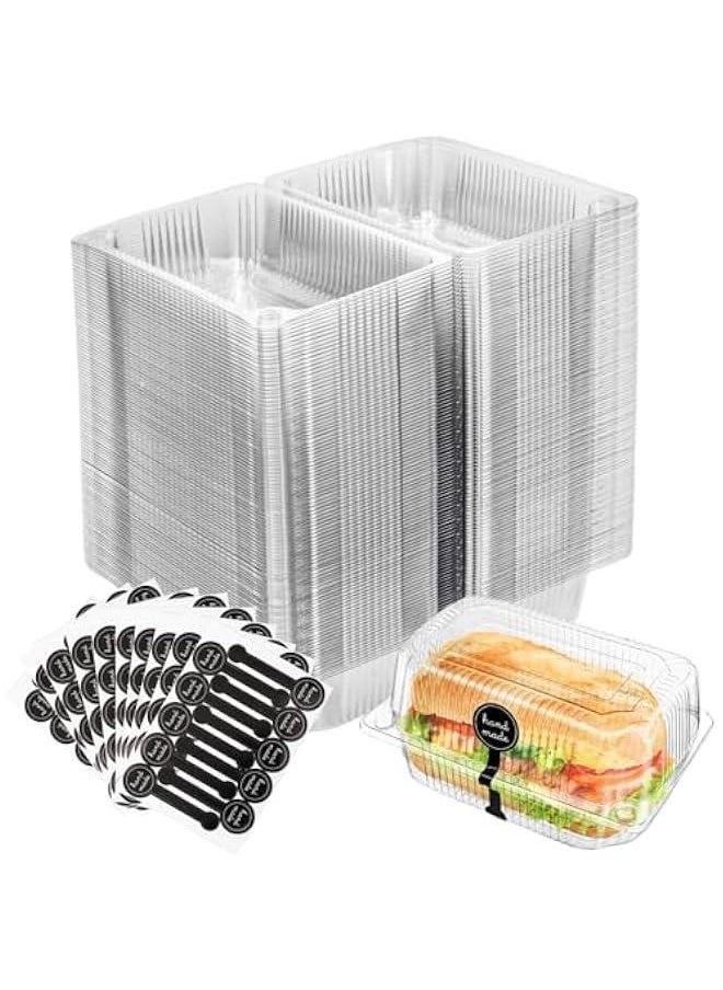 100 Clear Plastic Hinged Food Containers with Seal Stickers - Disposable Takeout Boxes for Salads, Sandwiches, Hamburgers, Fruits, Cakes, Cookies