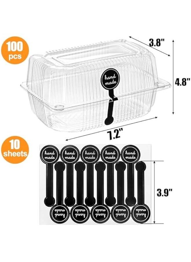 100 Clear Plastic Hinged Food Containers with Seal Stickers - Disposable Takeout Boxes for Salads, Sandwiches, Hamburgers, Fruits, Cakes, Cookies