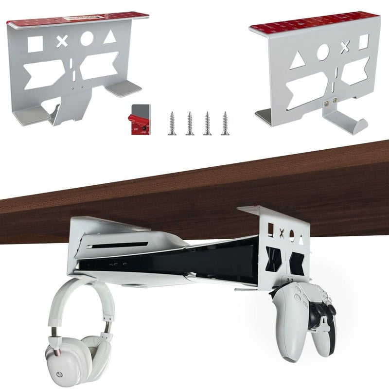 Chanvoo Aluminum Under Desk Mount for PS5PS5 Slim PS5 Pro Digital Disc Securing Under Desk Bracket with Detachable Controller Headphone Holder Kit No Drill White - Image 2